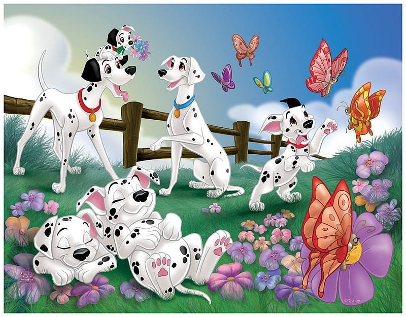 1001 Dalmatians, caine, animal, fantasy, butterfly, 1001, flower, parc, dalmatians, disney, dog, HD wallpaper