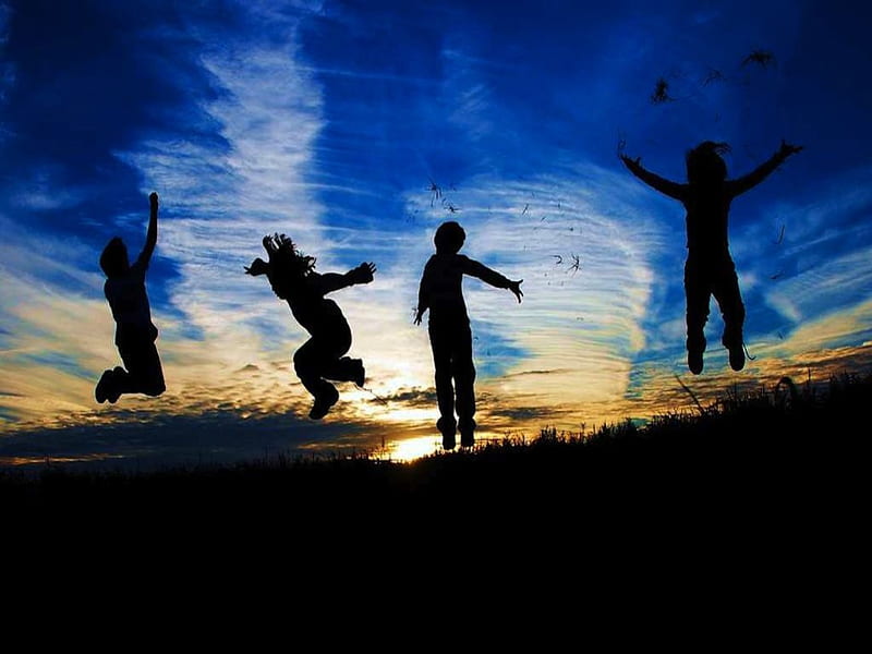 The Jumpers, cloud, sun, children, shadow, 4, creative, abstract, sky, silhouette, play, graphy, four, kids, HD wallpaper