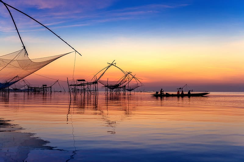 Fishing boat, Fisherman, Thailand, Net, Morning, HD wallpaper