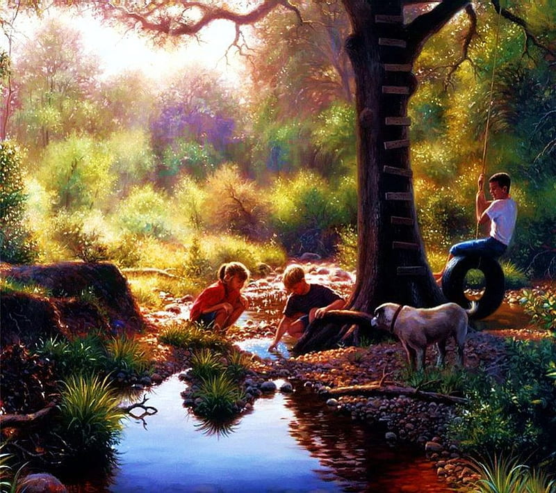 At the Creek, playing, tree, water, painting, children, dog, HD wallpaper |  Peakpx