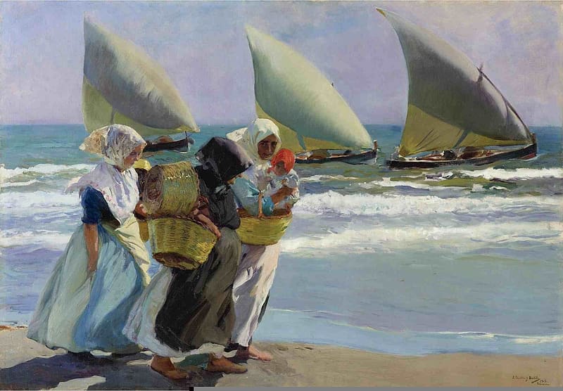 Three sails, sea, boat, las tres velas, art, joaquin sorolla, beach, woman, summer, wind, painting, pictura, vara, HD wallpaper