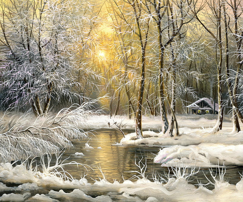 Winter, forest, frozen, ice, oil painting, river, snow, sunrise, trees, HD wallpaper