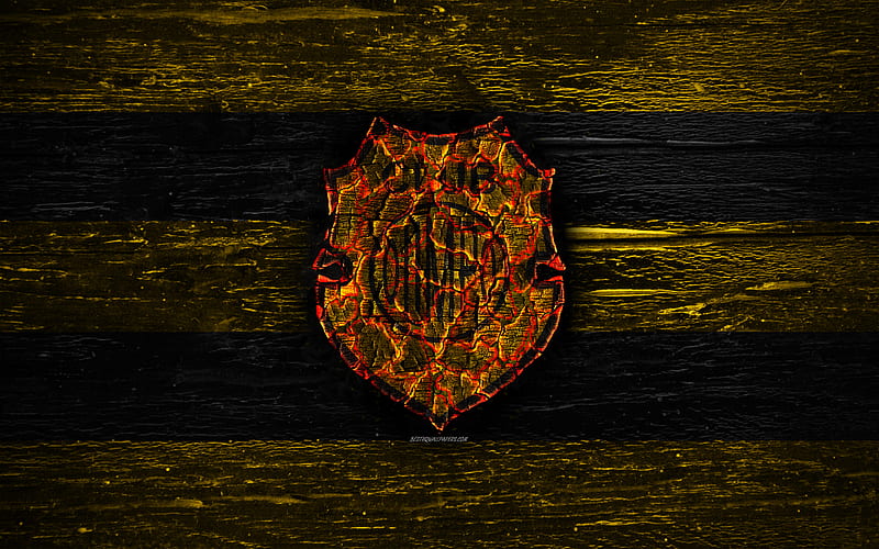 Olimpo FC, fire logo, Argentine Primera Division, yellow and black lines, Argentinean football club, AAAJ, Argentina Superliga, football, soccer, logo, Club Olimpo, wooden texture, Argentina, HD wallpaper