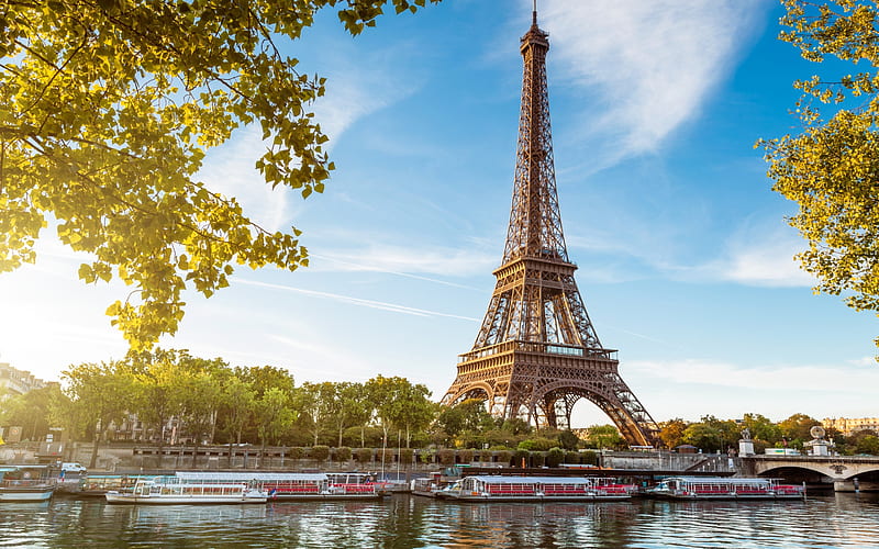 Eiffel Tower, Paris, riverboats, city, france, seine, summer, river, HD wallpaper