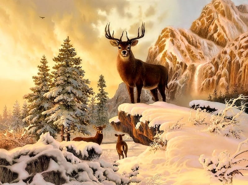 Deers in Winter, Snow, Deer, Winter, Paintig, HD wallpaper