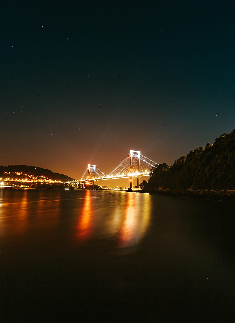 bridge, glow, sea, night, lights, HD phone wallpaper