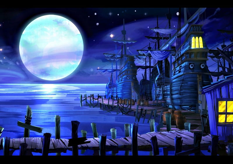 Monkey Island, moon, luminos, full, game, yellow, sea, moon, water, ship, white, light, blue, night, HD wallpaper