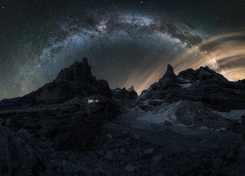 Earth, Night, Alps, Dolomites, House, Milky Way, Mountain, Starry Sky, HD wallpaper