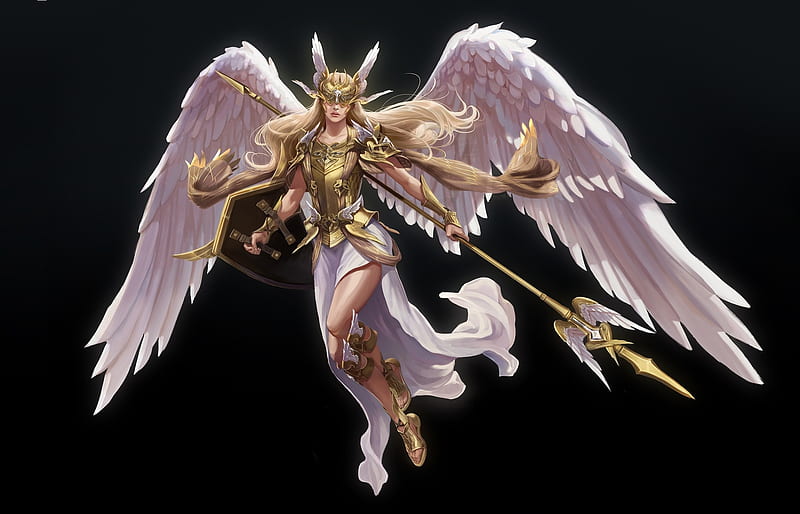 An angel knight, wings, fantasy, hyein go, angel, kight, black, pink, HD wallpaper