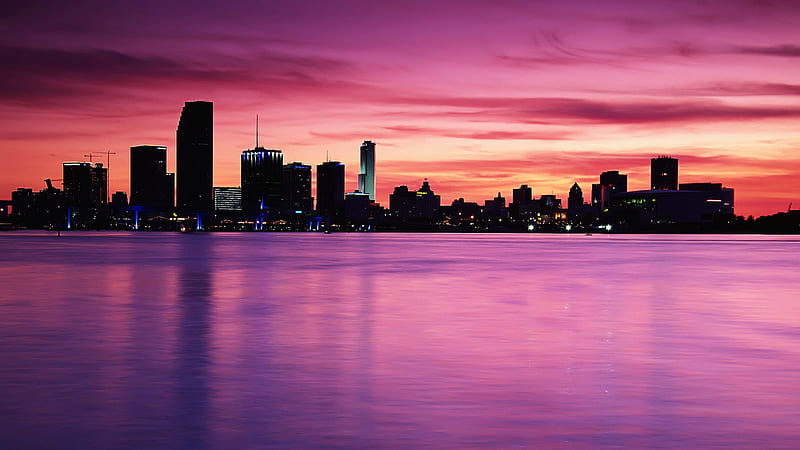 Purple sunset, city, purple, buildings, sunset, clouds, sky, lights, HD wallpaper