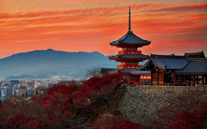 Japanese temple, architecture, sunset, evening, Kyoto, japan, HD wallpaper