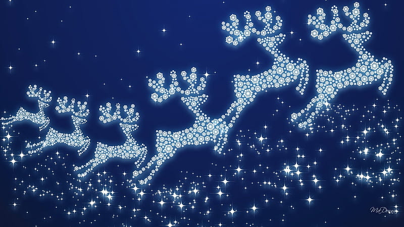 Sparkling Reindeer, stars, glitter, shine, sky, santa claus, deer, flying, reindeer, blue, HD wallpaper