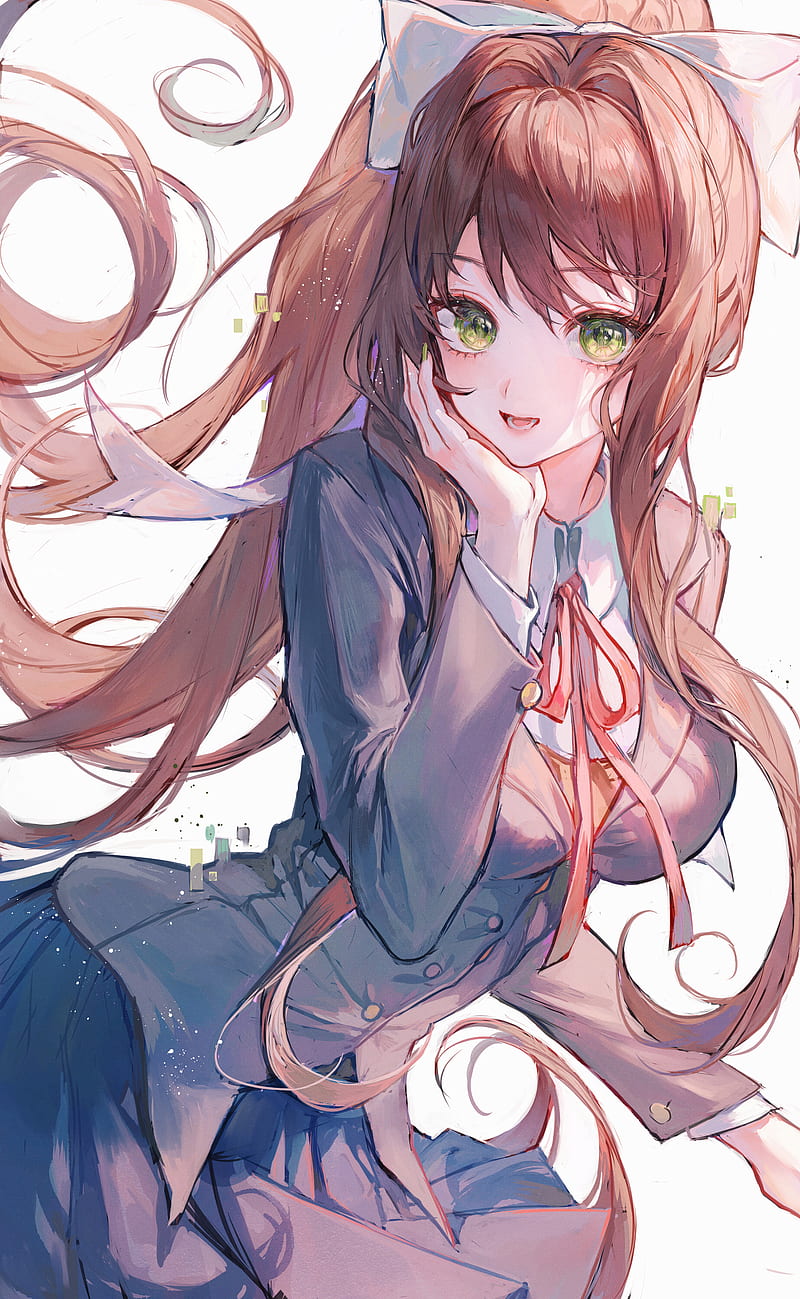 anime girls, Monika (Doki Doki Literature Club), Doki Doki Literature Club, Matcha_, green eyes, brunette, long hair, ponytail, school uniform, HD phone wallpaper