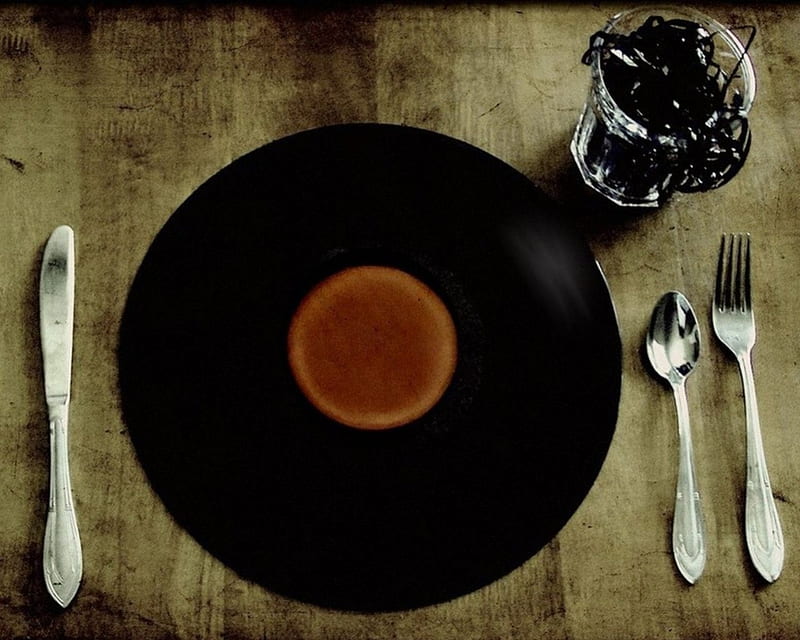 Music is Nourishment for the Soul, table, spoon, food, music, eat, fork, record, knife, HD wallpaper