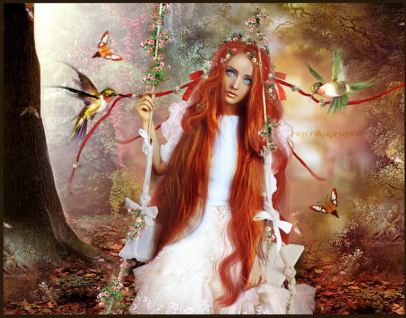 **The Romance Swing**, pretty, wonderful, adorable, ribbons, angels, women, sweet, fantasy, butterfly, splendor, manipulation, love, bright, flowers, forests, face, fairy, lovely, models, romance, redhair, birds, lips, trees, cute, cool, swing, eyes, white, colorful, dress, woods, bow, bonito, digital art, hair, leaves, wild, fairies, girls, animals, amazing, female, colors, butterflies, leaf, plants, weird things people wear, HD wallpaper
