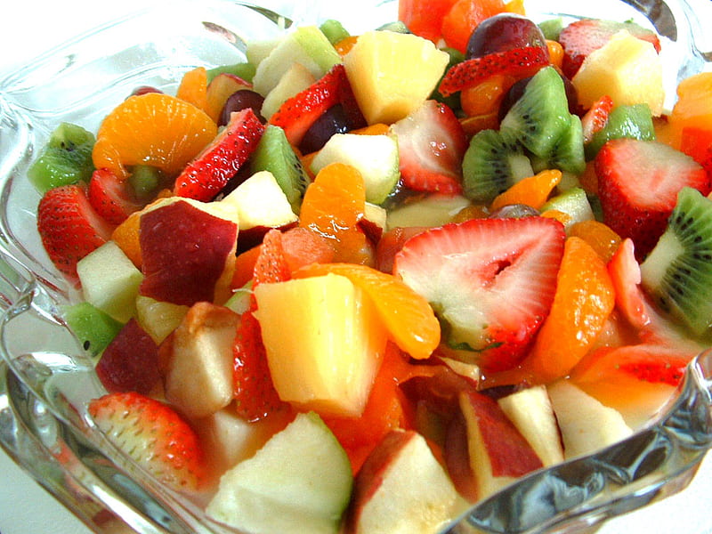 Fruit salad, apple, fruit, red, green, strawberry, kiwi, ogange, salad, HD wallpaper