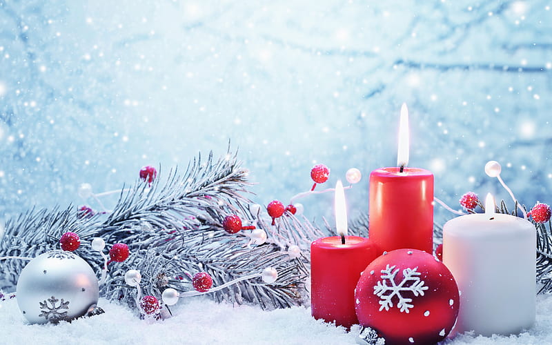 Merry Christmas, winter, red candles, Happy New year, xmas decoration, red balls, Christmas, HD wallpaper