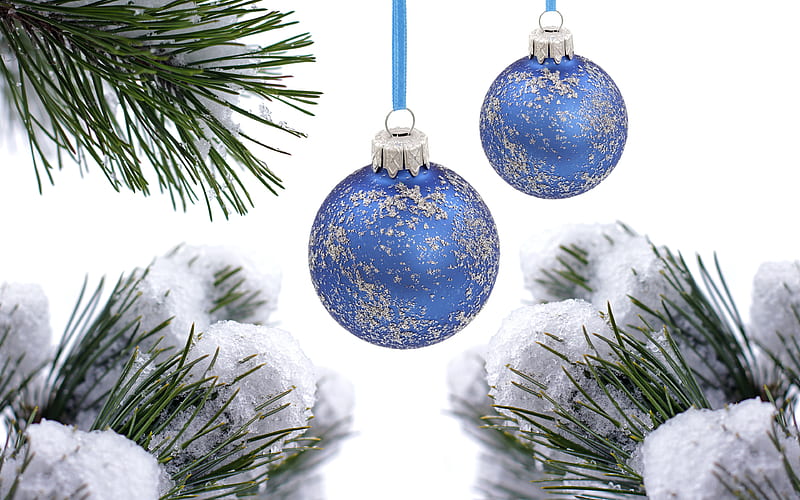 blue christmas balls, snow, winter, new year, christmas, HD wallpaper