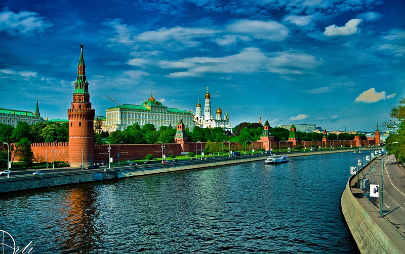 Kremlin, architecture, moscow, canal, monuments, bonito, sky, clouds, russia, HD wallpaper