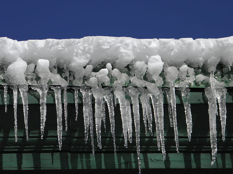 Icicles, icicle, roof, house, sky, winter, snow, ice, top, white, HD wallpaper