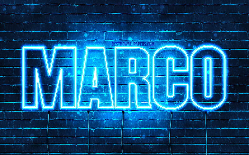 Marco with names, horizontal text, Marco name, blue neon lights, with Marco name, HD wallpaper