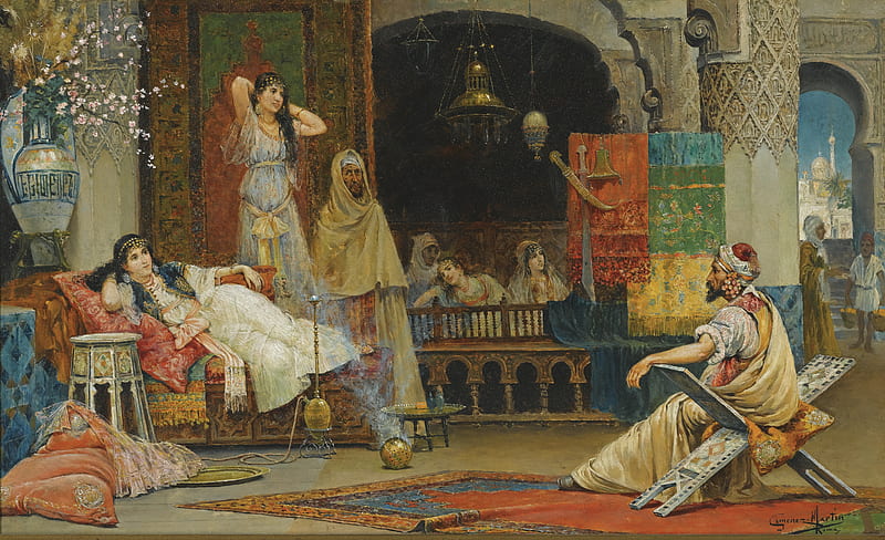 In the harem, sultan, art, harem, juan gimenez martin, odalisque, girl, people, painting, pictura, HD wallpaper