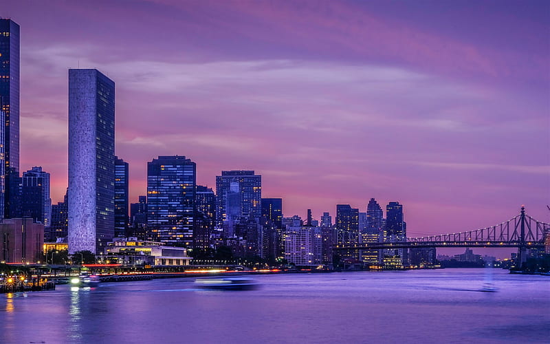 New York City, evening, sunset, skyscrapers, modern buildings, East River, bridges, New York, USA, NY city landscape, HD wallpaper