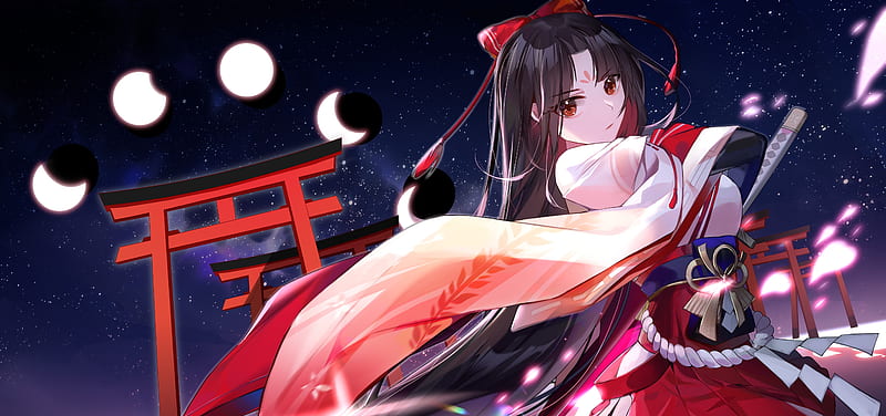 anime girl, moons, torii, katana, brown hair, night, ribbon, Anime, HD wallpaper