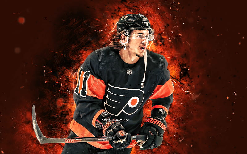 Travis Konecny NHL, Philadelphia Flyers, hockey stars, hockey, orange neon lights, hockey players, Travis Konecny Philadelphia Flyers, Travis Konecny, HD wallpaper