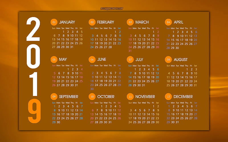 Brown 2019 calendar, stylish background, wave background, all months, 2019 calendar, 2019 concepts, art, HD wallpaper