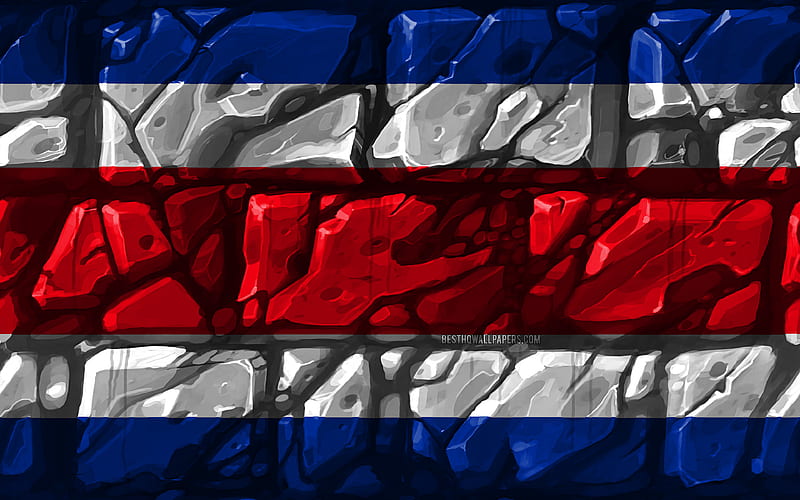 Costa Rican flag, brickwall North American countries, national symbols, Flag of Costa Rica, creative, Costa Rica, North America, Costa Rica 3D flag, HD wallpaper