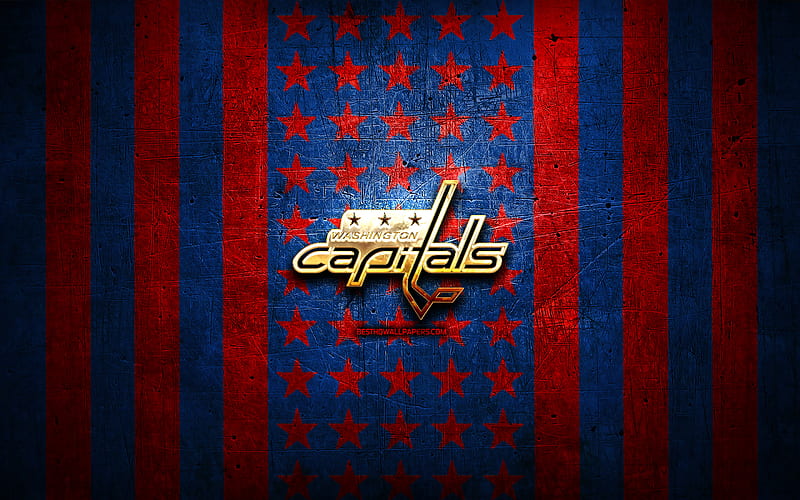 Washington Capitals flag, NHL, blue red metal background, american hockey team, Washington Capitals logo, USA, hockey, golden logo, Washington Capitals, HD wallpaper