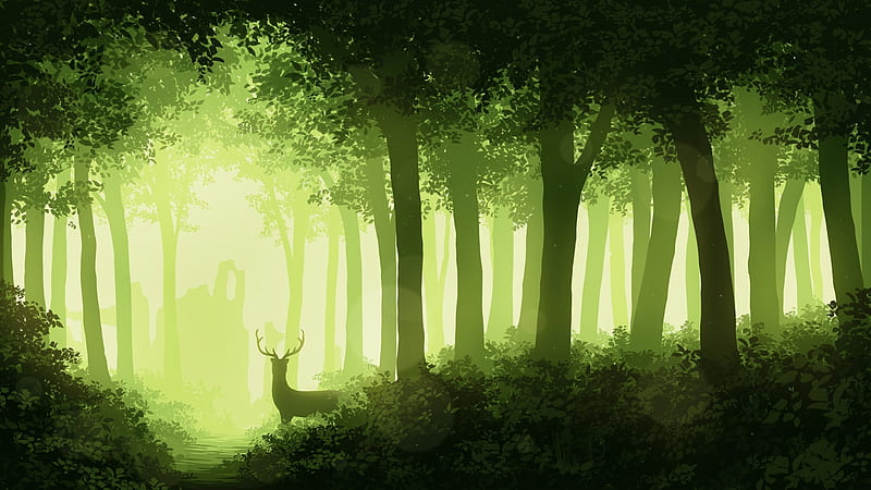 Morning forest, green, caprioara, woods, silhouette, deer, forest, luminos, tree, fantasy, morning, light, HD wallpaper