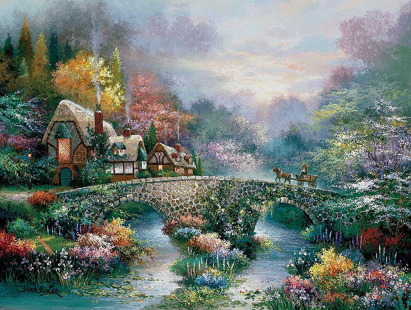 By James Lee, painting, river, cottage, bridge, flower, HD wallpaper