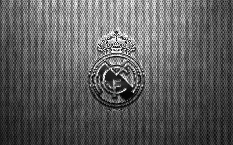 Real Madrid, Spanish football club, steel logo, emblem, gray metal background, Madrid, Spain, La Liga, football, Real Madrid CF, HD wallpaper