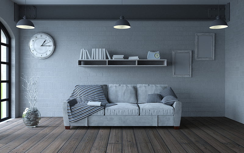 gray living room, stylish gray interior, gray sofa, modern interior design, living room, HD wallpaper