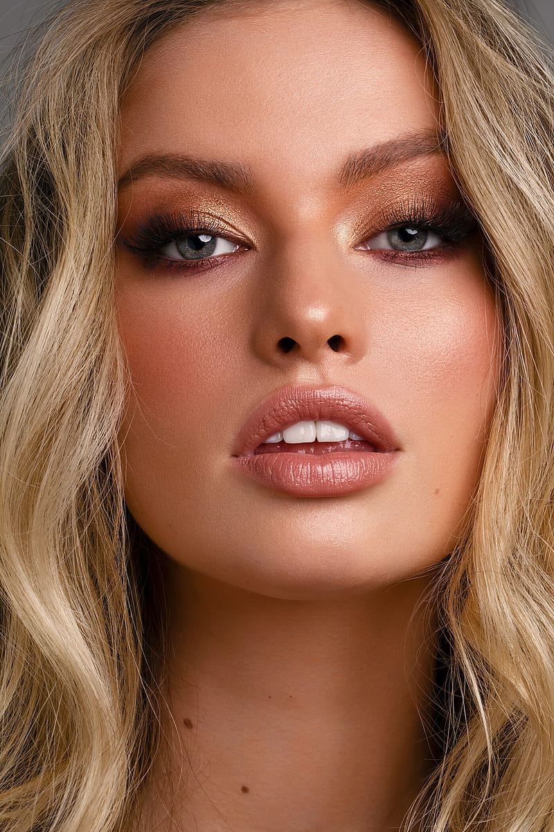 Taylor Howard, women, model, green eyes, long hair, blonde, face, lipstick, simple background, portrait, HD phone wallpaper
