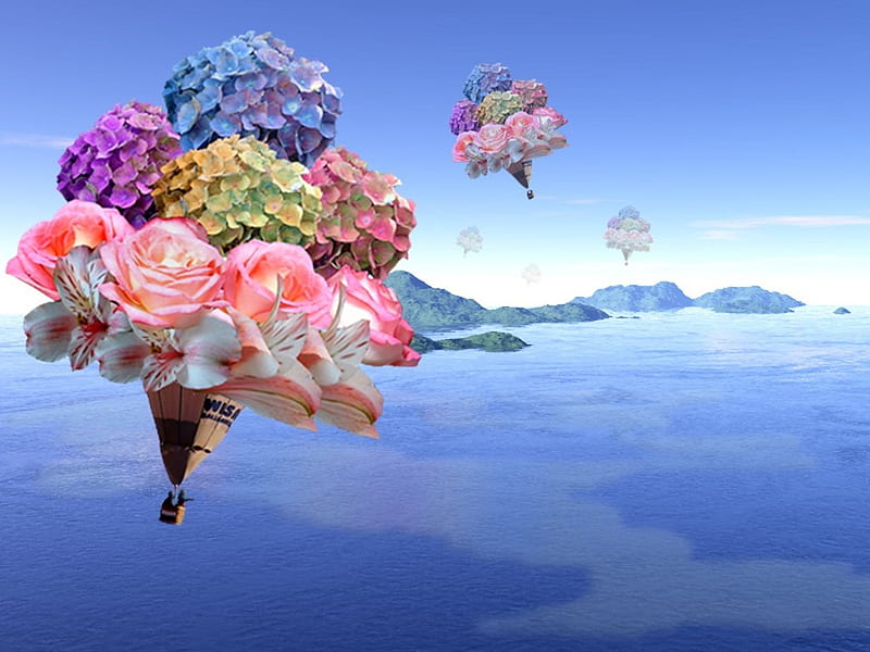 Floating Away, islands, balloon, flowers, lilies, colours, abstract, hyrangeas, sea, HD wallpaper