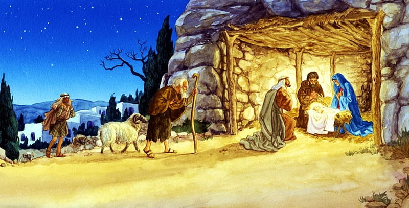 The Wonder of Bethlehem, sheep, jesus, christmas, people, stable, birtay, HD wallpaper
