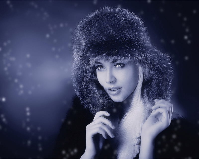 from russia with love, pretty, female, model, black, blonde, woman, hat, snow, nature, white, fur, HD wallpaper