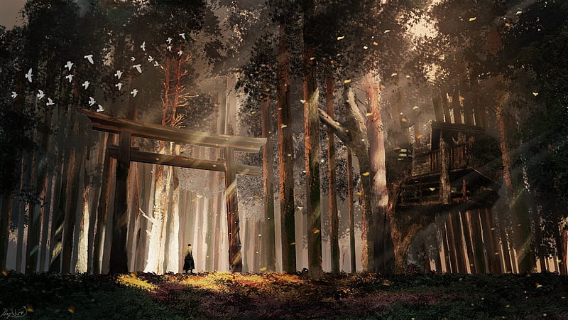 anime girl, torii, forest, shrine, birds, Anime, HD wallpaper