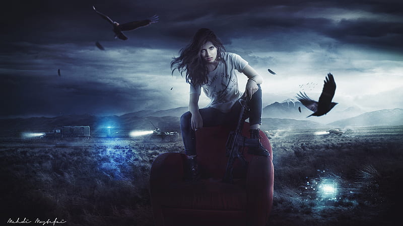 woman at war, ravens, military vehicles, darkness, Fantasy, HD wallpaper
