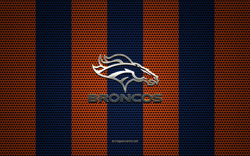 Denver Broncos logo, American football club, metal emblem, blue orange metal mesh background, Denver Broncos, NFL, Denver, Colorado, USA, american football, HD wallpaper