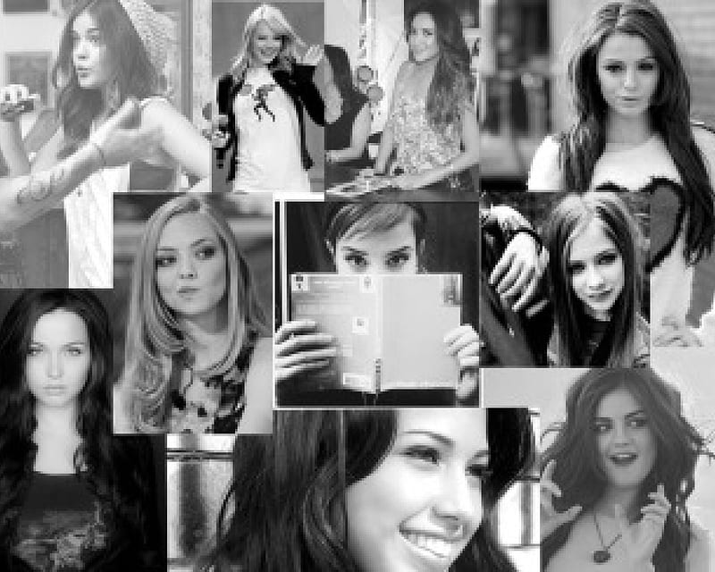 Black and white collage, lucy hale, black and white, emma stone, emma watson, avril lavigne, bw, cher lloyd, girls, actresses, HD wallpaper