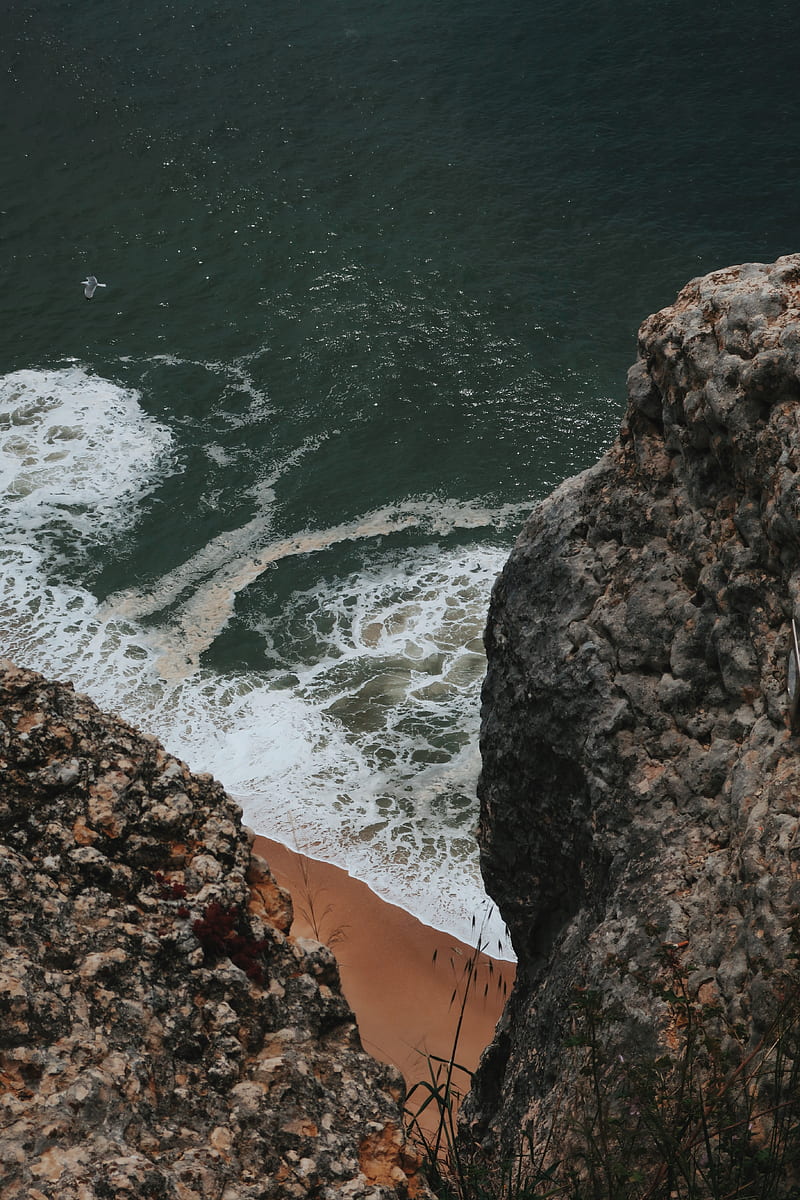 rocks, cliff, sea, beach, waves, HD phone wallpaper