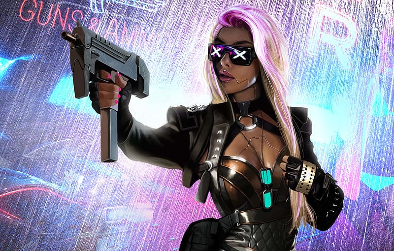 Rain, Cyberpunk, Sci Fi, Blonde, Cyborg, Sunglasses, Gun, Woman Warrior, HD wallpaper