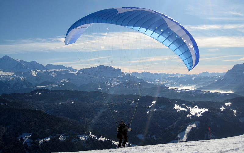 Paraglider at Start in French Alps, France, Alps, winter, paraglider, mountains, HD wallpaper