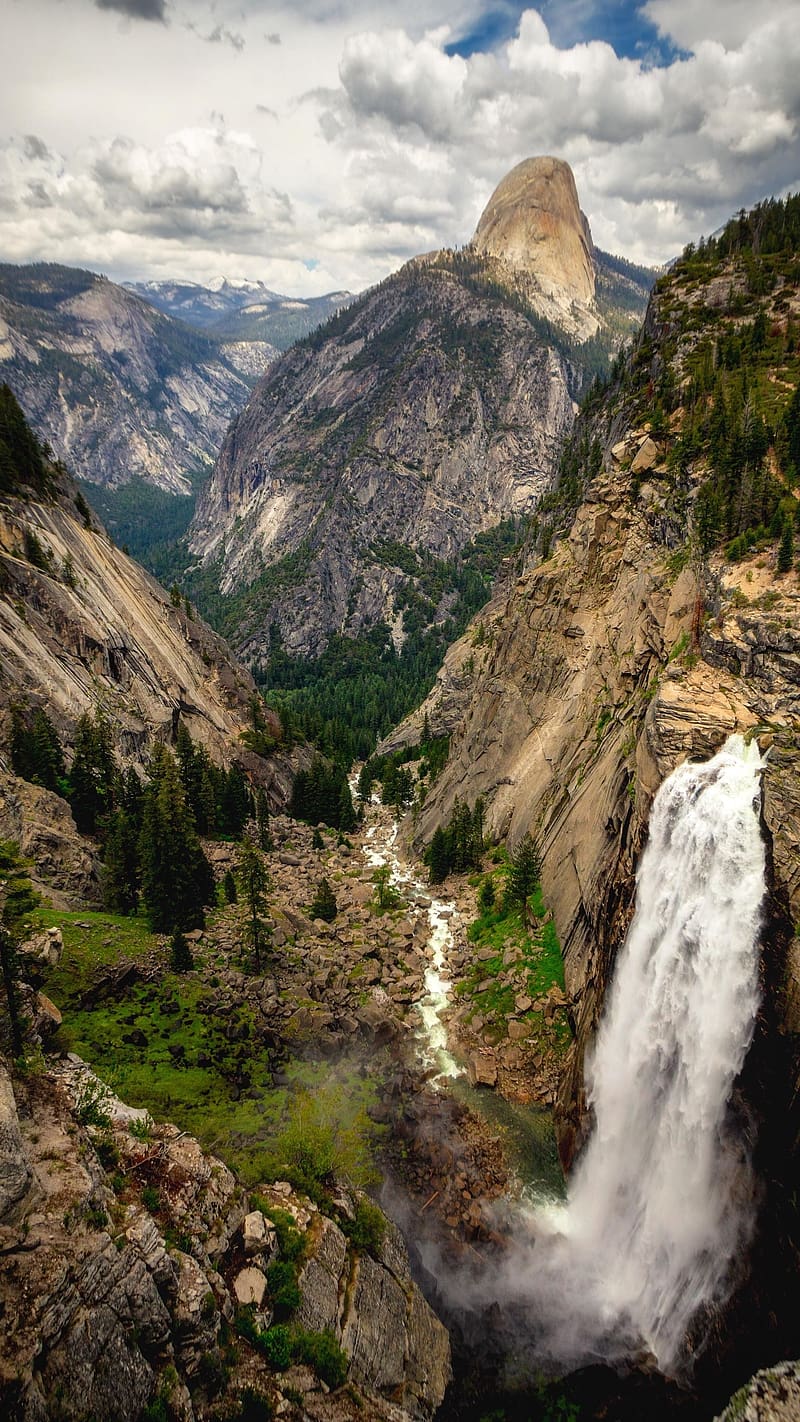 Mountain Waterfall, nature, clouds, highest mountains, 8-k, HD phone wallpaper