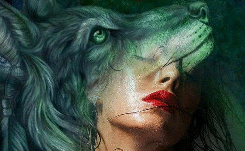 Wolf Girl, art, bonito, woman, fantasy, girl, green grey, digital, werewolf, face, HD wallpaper