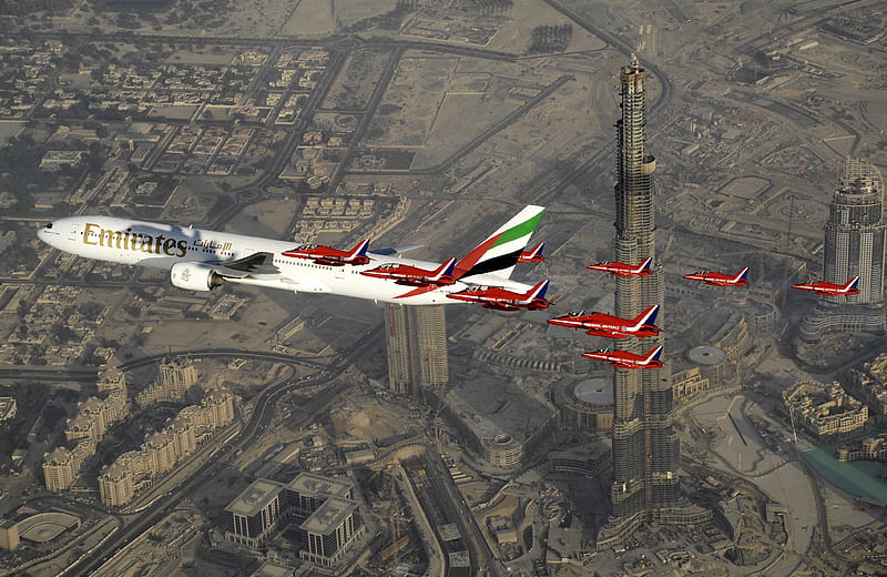 Red Arrows Over Dubai, plane, airline, carrier, jet, wing, HD wallpaper